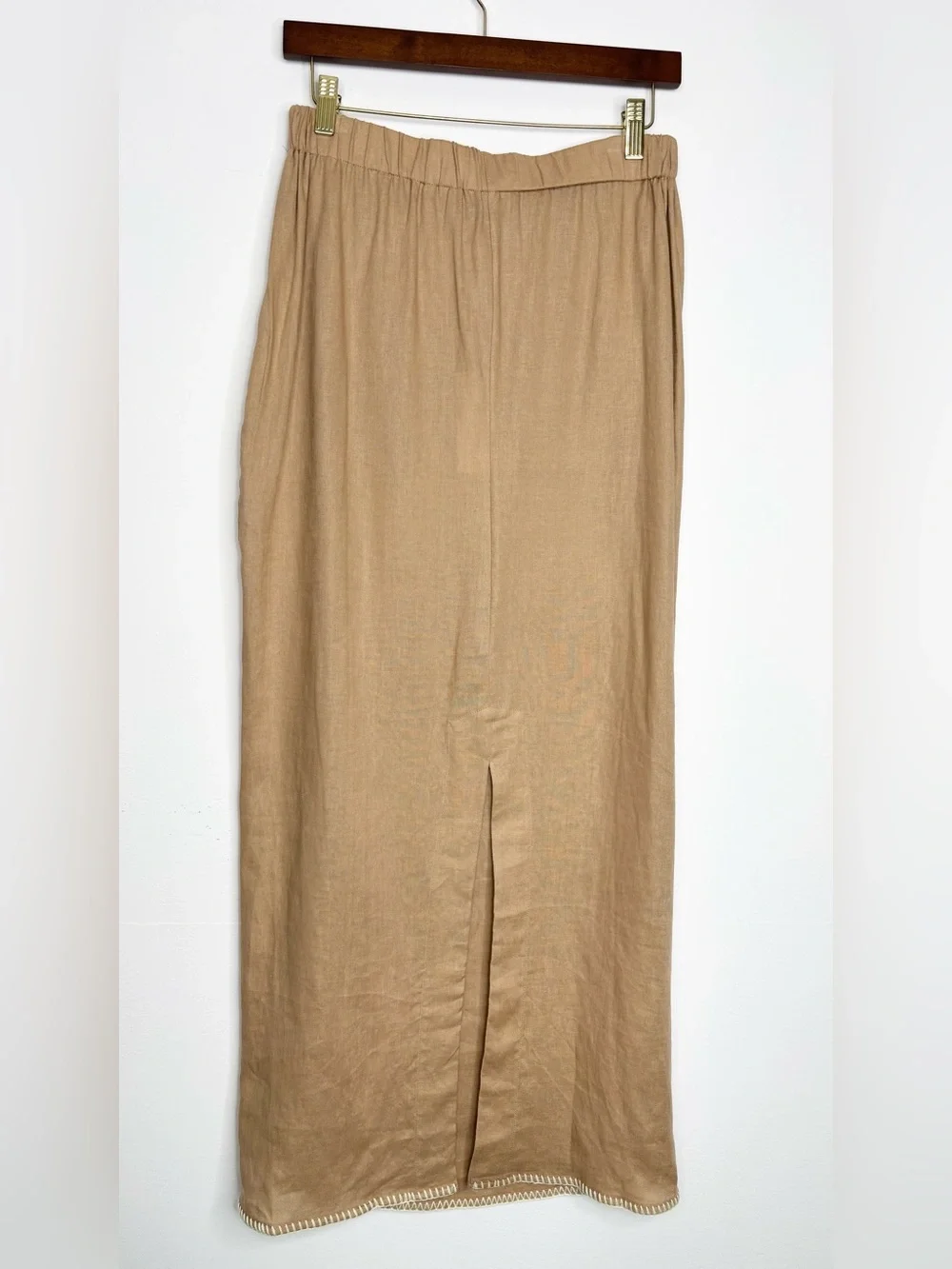 Petal & Pup Odette Linen Maxi Skirt Camel Tan XS NWT 100% Linen Contrast Stitch
